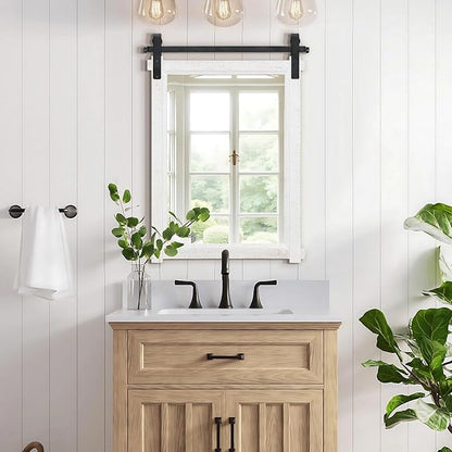Besdomus Farmhouse Bathroom Wall Mirror: 22"x30" White Barn Door Solid Cedar Wood Frame Vanity Mirror - Rustic Bathroom Over Sink/Living Room/Hallway - Modern Rustic Decor for Housewife