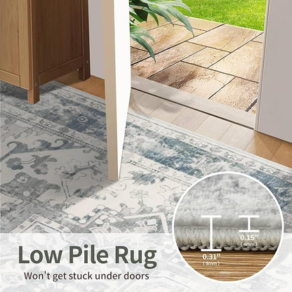Rugxara 9x12 Extra Large Washable Area Rug, Soft Neutral Vintage Boho Rug for Living Room, Bedroom, Office, Farmhouse, Low Pile Imitation Wool Non Slip Carpet Ideal for High-Traffic Areas, Blue Grey