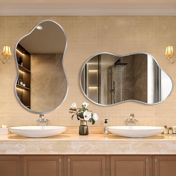 Dorlicecass Irregular Wall Mirror - Wall Mirrors Decorative 24"x36" Silver Asymmetrical Mirror Tempered Glass Aviation Aluminum Alloy Frame for Bathroom, Bedroom, Living Room, Cloakroom, Entryway
