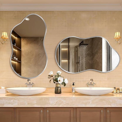 Dorlicecass Bathroom Mirror - Silver Irregular Wall Mirrors Decorative 26"x46" Asymmetrical Tempered Glass Aviation Aluminum Alloy Frame for Vanity, Bedroom, Living Room, Cloakroom, Entryway