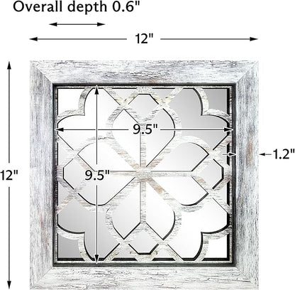 Set of 4 Boho Wall Mirrors with Carved Floral Design, 12x12 Inch Rustic Farmhouse Accent Mirrors, Vintage Style Shatterproof Square Mirror Decor for Living Room, Bedroom(Grey)
