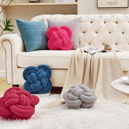 Knot Pillow, 12" Soft Decorative Throw Pillows for Couch Bed, Gray Pink Knotted Plush Throw Pillow Handmade Square Cushion Home Decor Pillows (Rose Red, 12 Inches X12 Inches)