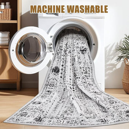 Area Rug for Living Room - 7x9 Soft Washable Oriental Vintage Floral Distressed Large Carpet - Fade Stain Resistant Non Slip Rugs for Bedroom Dining Room Nursery Dorm Office Home Decor - White Black