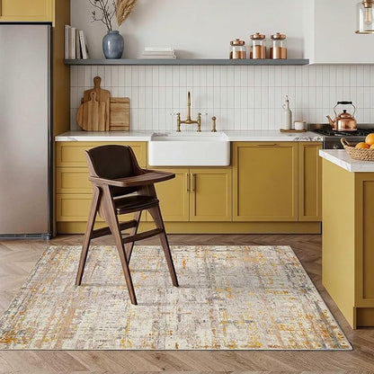 Rugxara 3x5 Washable Entryway Rug, Non Slip Boho Runner Rugs for Hallway, Entrance, Kitchen, Bathroom, Laundry Room, Soft Entryway Carpet, Throw Low Pile Retro Imitation Wool Carpet, Gold Beige