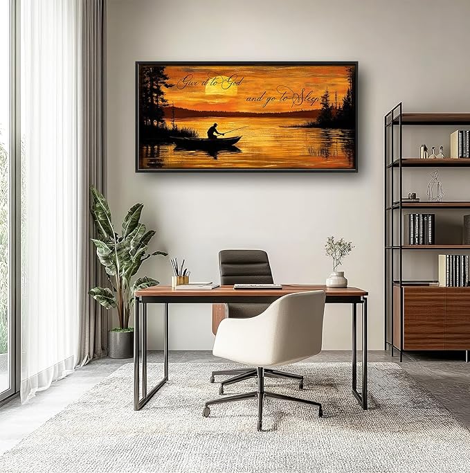 Fishing Large Wall Art for Living Room Farmhouse Give It to God and Go to Sleep Canvas Decor Rustic Fisherman Prints Painting Pictures Extra Large Farm Fish Sunset Framed Artwork for Bedroom 30"x60"