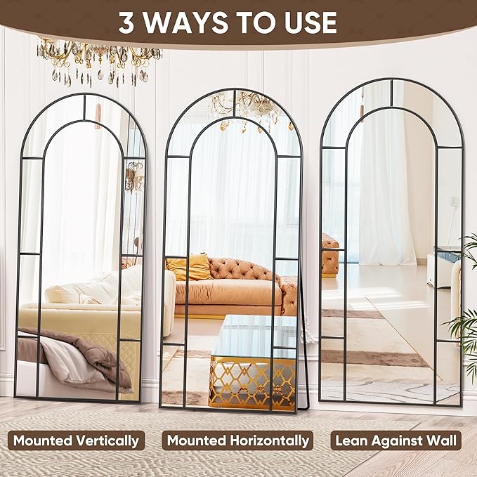 Antok 71" x 32" Full Length Mirror, Floor Mirror Arched Window Decorative Mirror, Metal Framed Decor Farmhouse Floor Mirrors Art Pane Mirrors Wall Decor for Bedroom, Living Room, Entryway Black