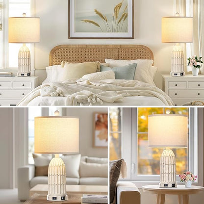 Cinkeda Farmhouse Table Lamps Set of 2, 3-Way Dimmable Touch Lamp for Bedroom Nightstand with USB A+C Ports & AC Outlet, White Vintage Boho Bedside Lamp for Living Room End Table (Bulbs Included)
