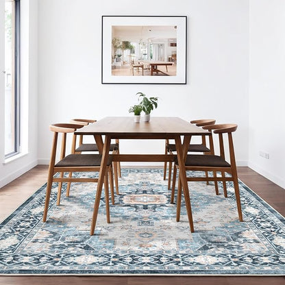 Washable 9×12 Area Rug for Living Room, Vintage Floral Rug Soft Non Slip Stain Resistant Boho Carpet for Indoor Bedroom Dinning Room Home Office Blue/Ivory