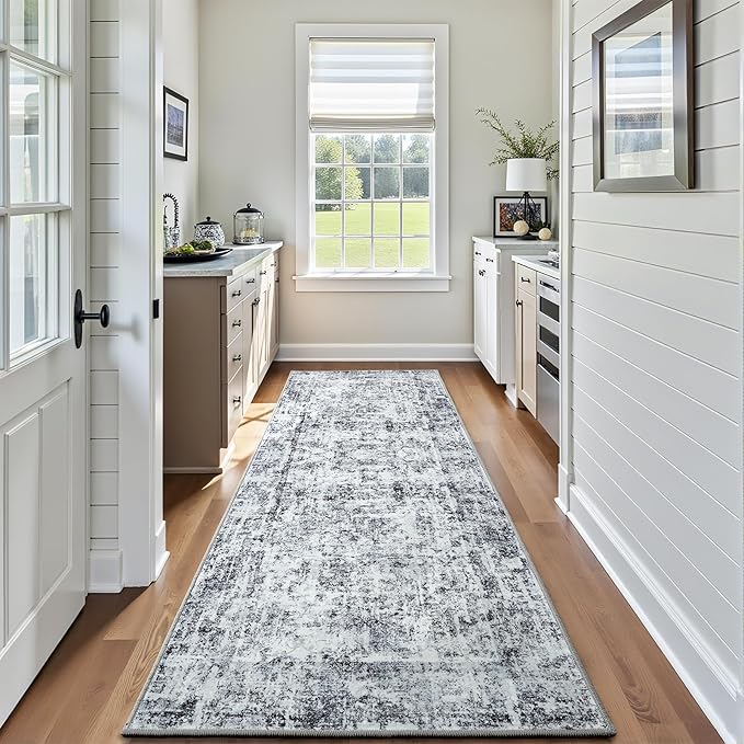 HOMORE Hallway Runner Rugs 2x6 Gray Rug for Bedroom, Washable Abstract Kitchen Rug Non Slip Rugs for Kids Nursery Room Vintage Carpet for Dorm Entryway