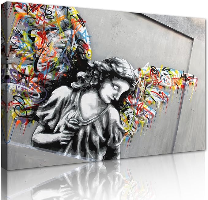 Yatsen Bridge Colorful Graffiti Wings Canvas Wall Art Banksy Art Print Street Artwork Angel Wall Decor for Living Room Bedroom Home Decoration Framed Ready to Hang 28x44inch