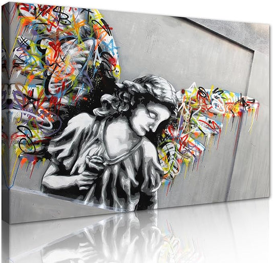 Yatsen Bridge Colorful Graffiti Wings Canvas Wall Art Banksy Art Print Street Artwork Angel Wall Decor for Living Room Bedroom Home Decoration Framed Ready to Hang 28x44inch