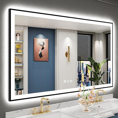 60x36 Black Framed LED Bathroom Mirror with Lights, Backlit and Front Lit Anti-Fog Lighted Vanity Mirrors for Bathroom Wall, Dimmable, 3 Colors, Memory, HD Tempered Glass, Horizontal/Vertical
