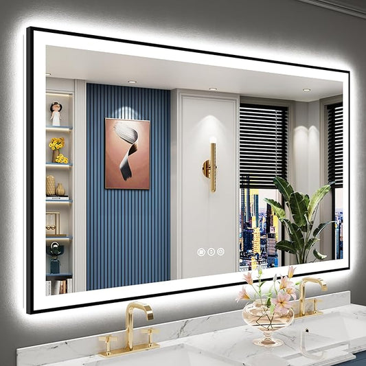 60x36 Black Framed LED Bathroom Mirror with Lights, Backlit and Front Lit Anti-Fog Lighted Vanity Mirrors for Bathroom Wall, Dimmable, 3 Colors, Memory, HD Tempered Glass, Horizontal/Vertical
