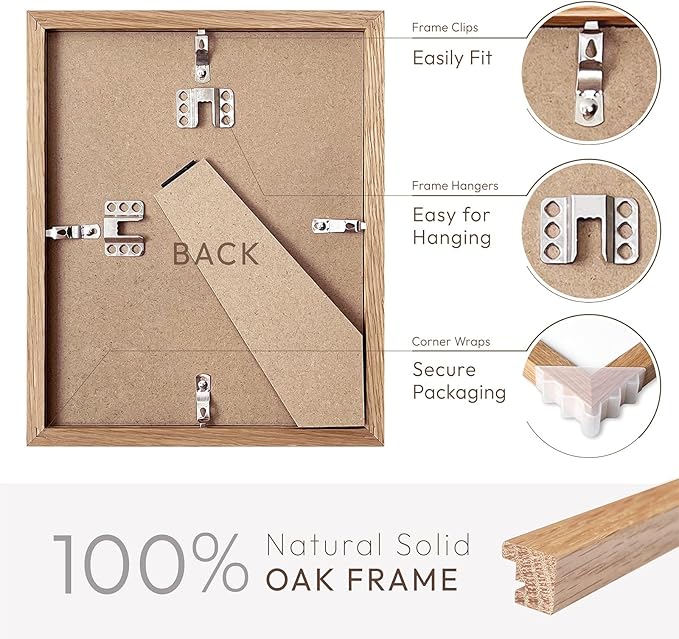 9x12 Wood Frame, Solid Oak 9x12 Picture Frame with Mat to 6x8, Natural Oak 12x9 Frames, Set of 1
