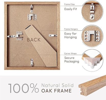 8.5x11 Picture Frame, Solid Oak Wood 8.5 by 11 Picture Frame with Mat to 6x8(Openning Size is 5.5x7.5), 11x8.5 Natural Oak Frames for Wall and Tabletop Display, Set of 3