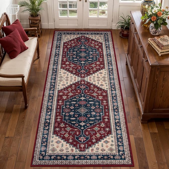 Tangsoo Vintage 2x6 Washable Runner Rug for Hallways,Boho Low Pile Long Rug Runner Carpet Soft Runner Mat for Laundry Kitchen Bedroom Entryway,Burgundy Blue