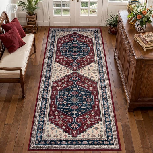 Tangsoo Vintage 2x6 Washable Runner Rug for Hallways,Boho Low Pile Long Rug Runner Carpet Soft Runner Mat for Laundry Kitchen Bedroom Entryway,Burgundy Blue