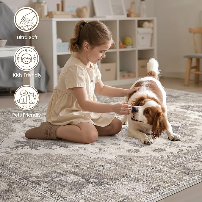 EIEIHOUSE Washable Area Rugs for Living Room - 10x14 Neutral Vintage Distressed Floral Farmhouse Boho Large Soft Floor Rug Indoor Non Slip Carpet for Living Room Bedroom Dining Room Office-Brown/Beige