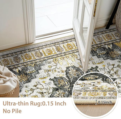 BESTSWEETIE 6ft Area Rug Washable Rugs for Living Room, No Pile Boho Carpet for Entryway Bedroom Dinning Room, Vintage Carpet Print Distressed Non-Slip, 72" Round, Grey Brown