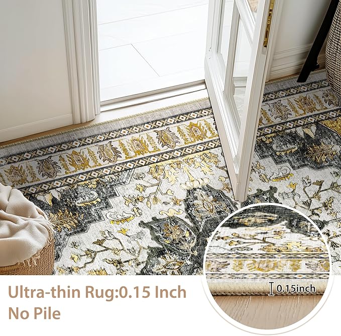 BESTSWEETIE 2x8 Area Rug Washable Rugs for Living Room, No Pile Boho Carpet for Entryway Bedroom Dinning Room, Vintage Carpet Print Distressed Non-Slip, 2 x 8 ft, Grey Brown