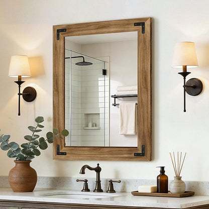 Wood Bathroom Mirror for Wall, 24"x32" Rustic Farmhouse Wood Framed Mirror for Bathroom Sink, Entryway, Living Room, Bedroom