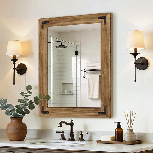 Wood Bathroom Mirror for Wall, 24"x32" Rustic Farmhouse Wood Framed Mirror for Bathroom Sink, Entryway, Living Room, Bedroom