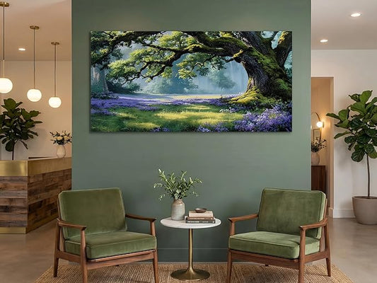 Ardemy Giant Tree Forest Canvas Wall Art 40"x20" Picture – Sunlit Landscape with Purple Wildflowers, Large Green Nature Painting for Living Room Bedroom Home Office Decor