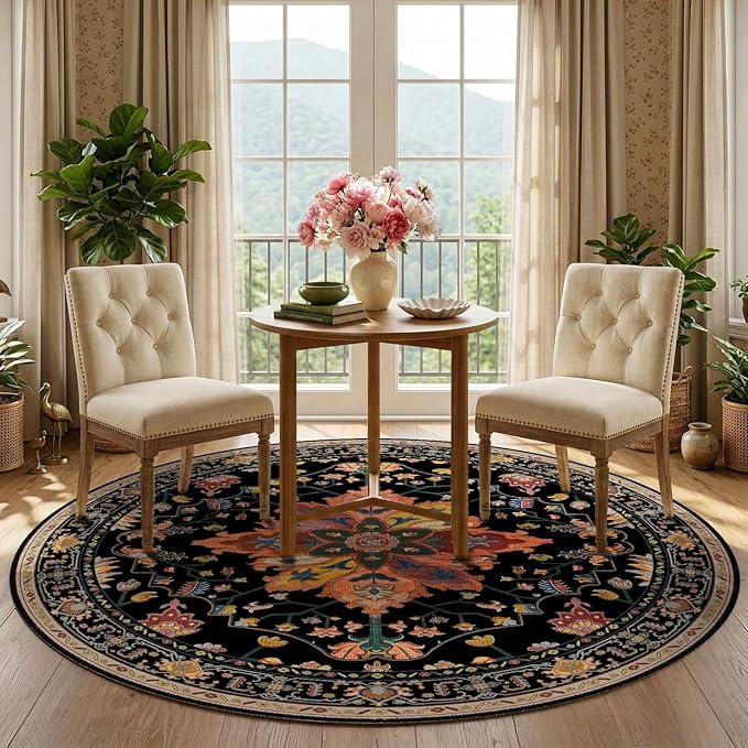 RELEANY Area Rugs Round 5ft Washable Non-Slip, Floral Vintage Distress Print Pattern Medallion Carpet for Living Room Bedroom Dining Room, Black Colorful Floral Dark Tan