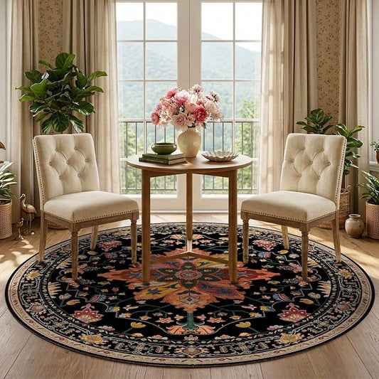 RELEANY Area Rugs Round 5ft Washable Non-Slip, Floral Vintage Distress Print Pattern Medallion Carpet for Living Room Bedroom Dining Room, Black Colorful Floral Dark Tan