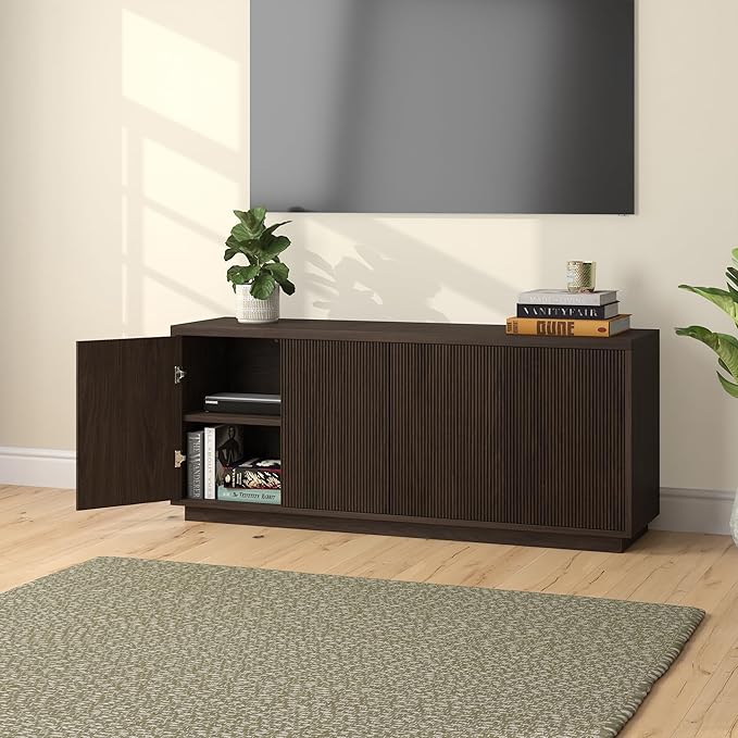Henn&Hart Fluted TV Stand for TVs up to 65" with 2 Concealed Ribbed Storage Cabinets and Adjustable Shelves for Living Room, Family Room, or Office, Rich Brown