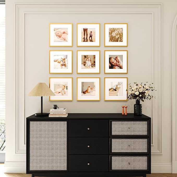 12x12 Picture Frame Set of 9, Display Pictures 8x8 with Mat or 12x12 without Mat, Multi Collage Gallery Square Photo Frames for Wall or Tabletop, Gold