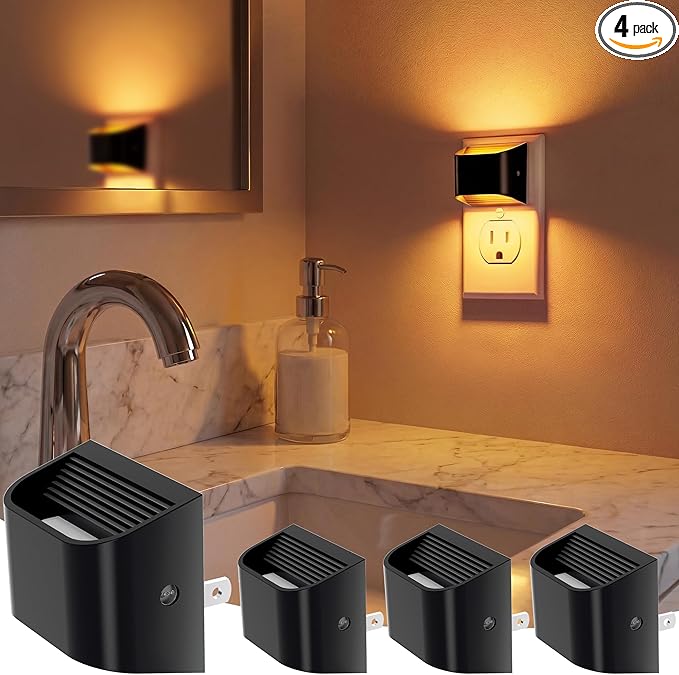VOLISUN Amber Night Light, 4 Pack Up and Down LED Night Light with Dusk to Dawn Light Sensor, 1800K Night Lights Plug into Wall for Hallway, Bedroom, Bathroom, Kitchen Black