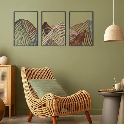 Peryiter 3 Pcs Metal Wall Art Decor Landscape Mountain Wall Hanging Decor for Living Room Abstract Minimalist Modern Mountain Line Pictures Bathroom Office Home Gifts Indoor(Colorful)