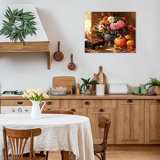 LB Vintage Kitchen Wall Art Pink and White Flower and Orange Pumpkin Floral Canvas Wall Art Modern Aesthetic Wall Decor for Living Room Restaurant Home Decoration Framed Ready to Hang 12L x 16W