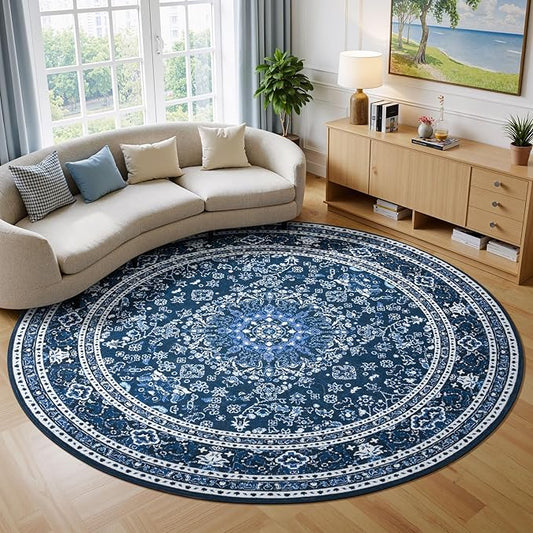Lessymo 6FT Washable Round Area Rugs for Living Room, Non Slip Circle Rugs Low Pile Vintage Carpet for Bedroom, Dining Room, Nursery, Home Office, Blue White