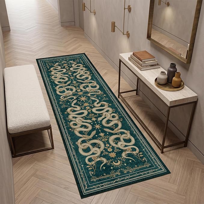 Garvee Snake Gothic Washable Kitchen Runner Rug 2x6 Dark Whimsical Unique Soft Thin Indoor Floor Mat for Bathroom Hallway Entryway Bedroom Indoor Decor Low Pile Non-Slip TPE Backing Blue Green