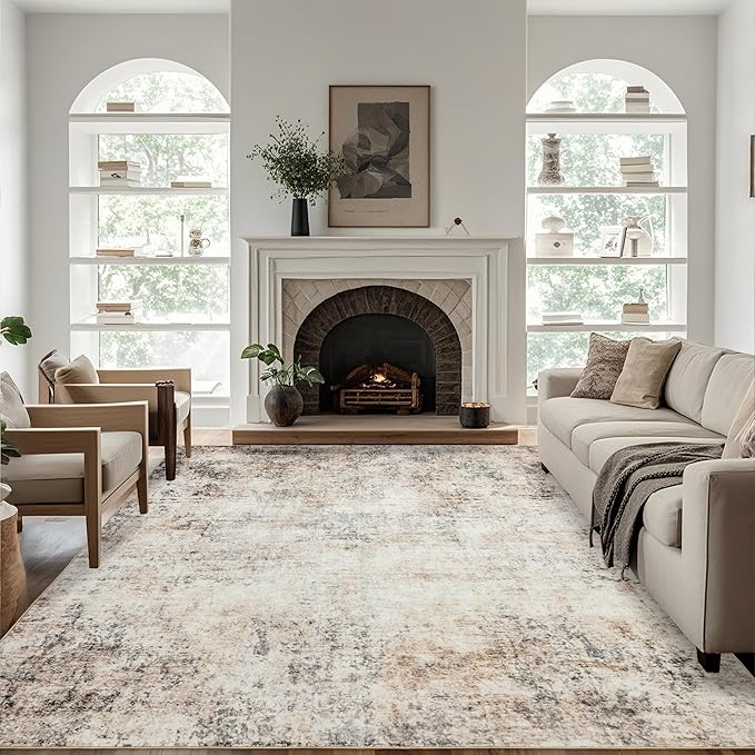 Area Rugs 9x12 Living Room: Wahsable Rubber Backing Abstract Rug for Bedroom Dining Room - Large Soft Thin Easy Clean Neutral Indoor Carpet - Contemporary Home Decor -Beige Brown