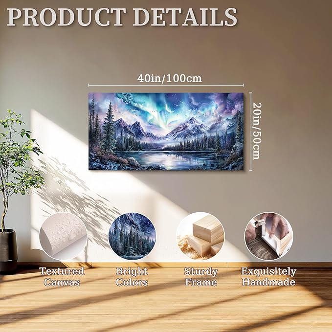 SERIMINO Aurora Landscape Large Wall Art, Mountain Forest Lake Nature Decor Art Prints, Fantasy Nightscape Artwork for Walls, Moonlit Night Canvas Art Wall Decor Living Room Bedroom Office 20"X40"