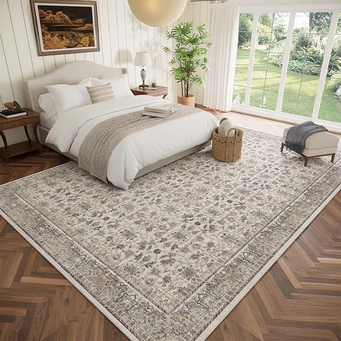 Washable 9x12 Area Rugs for Living Room, Boho Non-Slip Vintage Distress Lager Rugs for Bedroom Dining Room Nursery Office, 0.3" Neutral Oriental Throw Thin Carpet,Cream/Blue/Orange/Multi,A2
