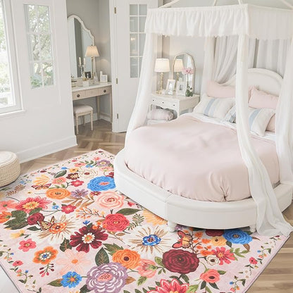 Pink/Beige Washable Area Rug 8x10, Large Soft Floral Carpet for Living Room Bedroom Dining Room Non-Slip Stain Resistant Under Table Rug