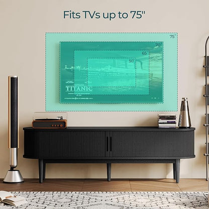 LINSY HOME Fluted TV Stand for 75" TV, Mid-Century Modern Wood Entertainment Center with Sliding Tambour Door and Storage Cabinet, Boho TV Media Console Table for Living Room, Bedroom, Black