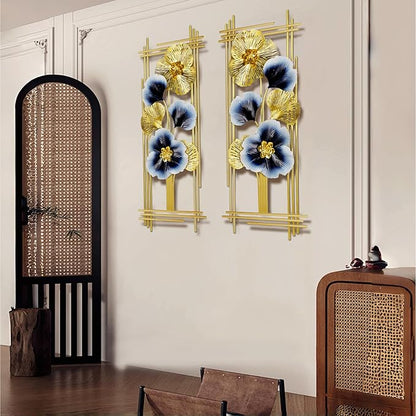 Metal Wall Art Decor 2 Pcs 34" x 15" 3D Wall Sculpture Handmade Golden Ginkgo Leaf Blue Flower Hanging Home Decor Wall Sculpture Modern for Living Room, Bedroom, Dining Room, Office and Hotel Large