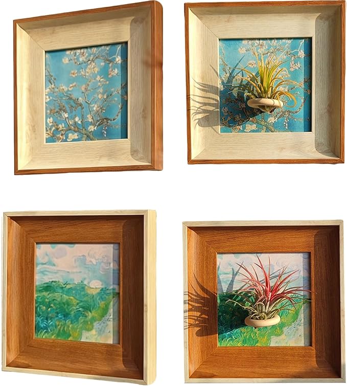 2 Pack Van Gogh Wall Art & Air Plant Airplant Holder Stand Magnetic Frame Set - 2-in-1 Famous Prints (Almond Blossom & Green Wheat Fields) for Living Room Bedroom Home Office Decor Plant Lovers' Gift