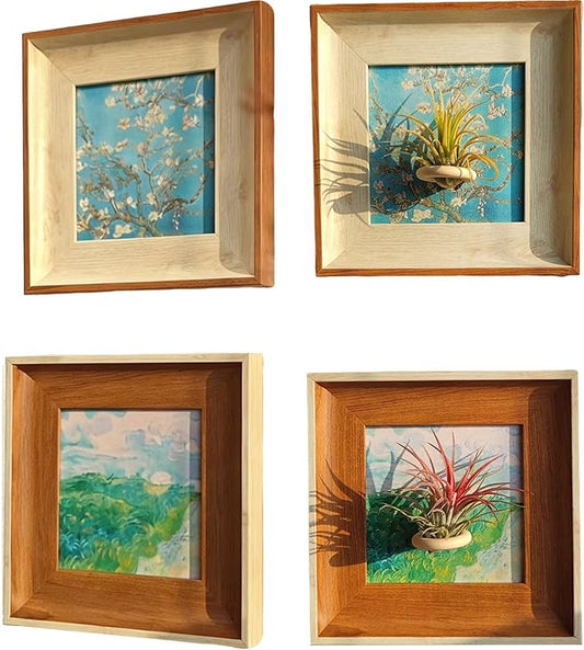 2 Pack Van Gogh Wall Art & Air Plant Airplant Holder Stand Magnetic Frame Set - 2-in-1 Famous Prints (Almond Blossom & Green Wheat Fields) for Living Room Bedroom Home Office Decor Plant Lovers' Gift