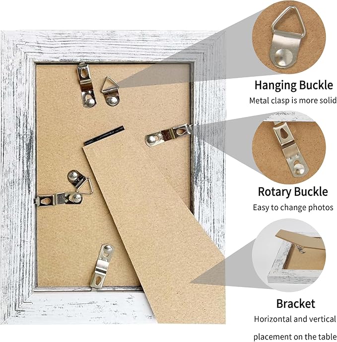 iRahmen 5x7 Picture Frame Set of 2, Distressed White Wood with Glass Photo Frame - Display Pictures 4x6 with Mat or 5 x 7 without Mat for Horizontal or Vertical Table top and Wall Mounting