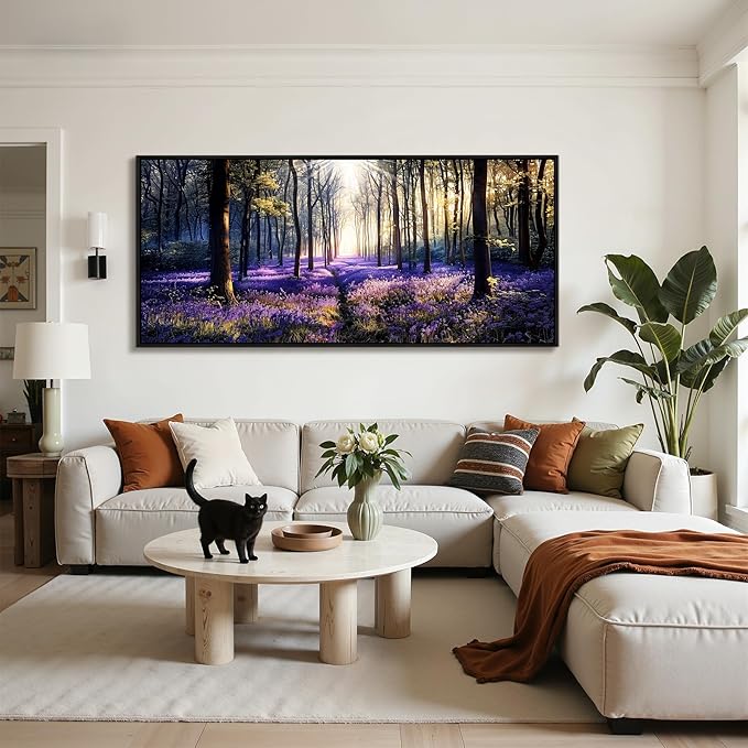 crmotu Extra Purple Landscap Wall Art, Lavender Flower Field Canvas Art Prints, Modern Nature Forest Scenery Framed Artwork for Living Room Bedroom Office Meeting Room, 32"x71"
