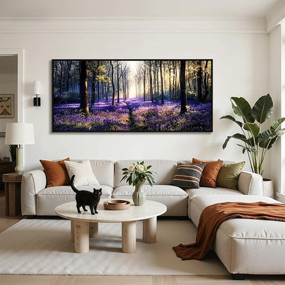 crmotu Extra Purple Landscap Wall Art, Lavender Flower Field Canvas Art Prints, Modern Nature Forest Scenery Framed Artwork for Living Room Bedroom Office Meeting Room, 32"x71"