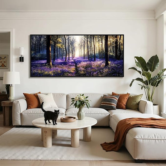 crmotu Extra Purple Landscap Wall Art, Lavender Flower Field Canvas Art Prints, Modern Nature Forest Scenery Framed Artwork for Living Room Bedroom Office Meeting Room, 32"x71"