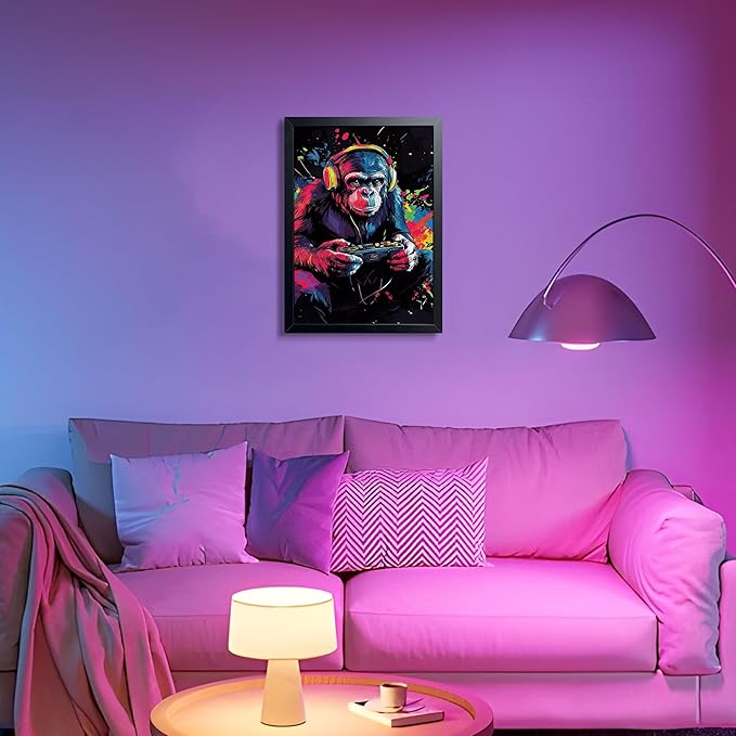 Gamer Monkey Wall Art, Gorilla Playing Video Game with Controller Canvas Print Poster, Colorful Graffiti Gaming Animal Painting, Boys Room Game Room Wall Decor 12x16 Inch Wood Framed