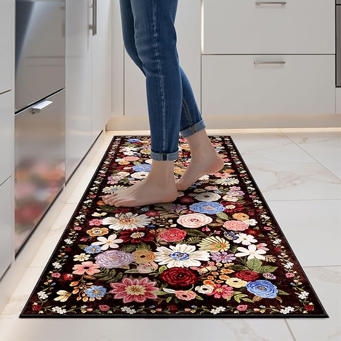 2x5 Entryway Runner Rugs, Non Slip Washable Rugs with Rubber Backing Soft Floral Carpet Runner for Kitchen, Laundry, Bedroom, Bathroom, Black/Brown